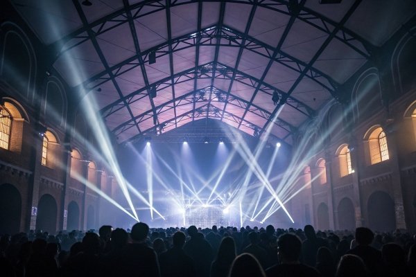 concert crowd in a large venue, beams of light illuminate the stage
