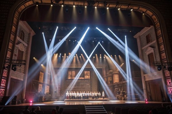 theatrical stage performance, bright spotlights focus on the cast