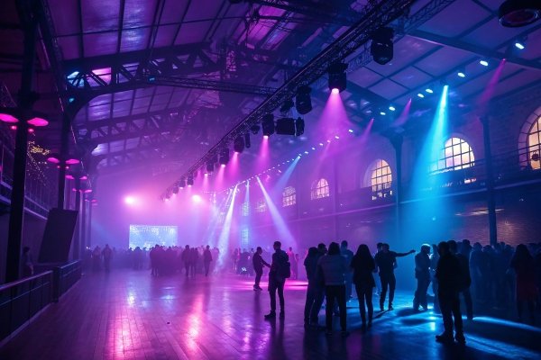 event hall with colorful lighting, people gathered under pink and blue lights