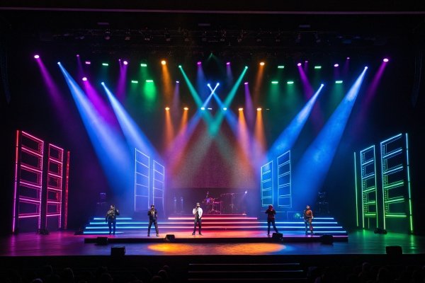 Concert stage with colorful lights, featuring performers under vibrant spotlights.