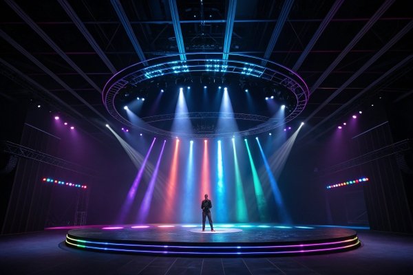Circular stage with a single performer under colorful beams of light.