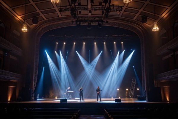 Theater stage with musicians performing under focused spotlights.