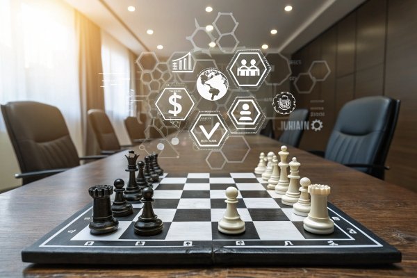 Chessboard with business strategy icons overlay, representing decision-making concepts