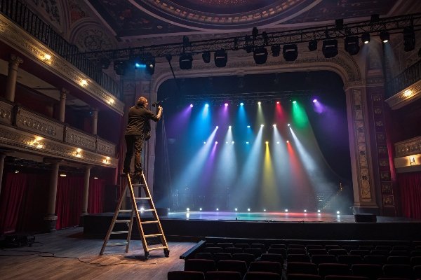 Technician adjusting theater lights, man on ladder in ornate theater with colorful stage lighting