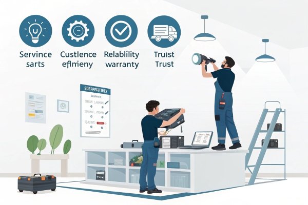 Technicians performing equipment maintenance, with service icons above